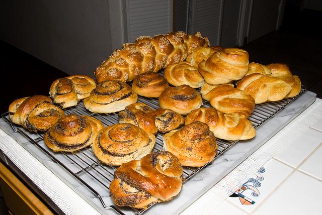 Rose Levy Beranbaum's "New Traditional Challah" and Challah rolls with sugar and poppy-seed filling.
